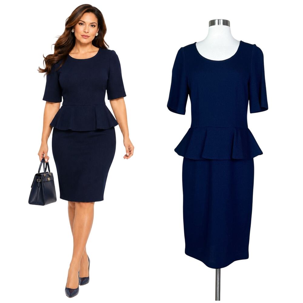 St. John Caviar | Navy Blue Wool Santana Knit Peplum Designer Sheath Dress US 10